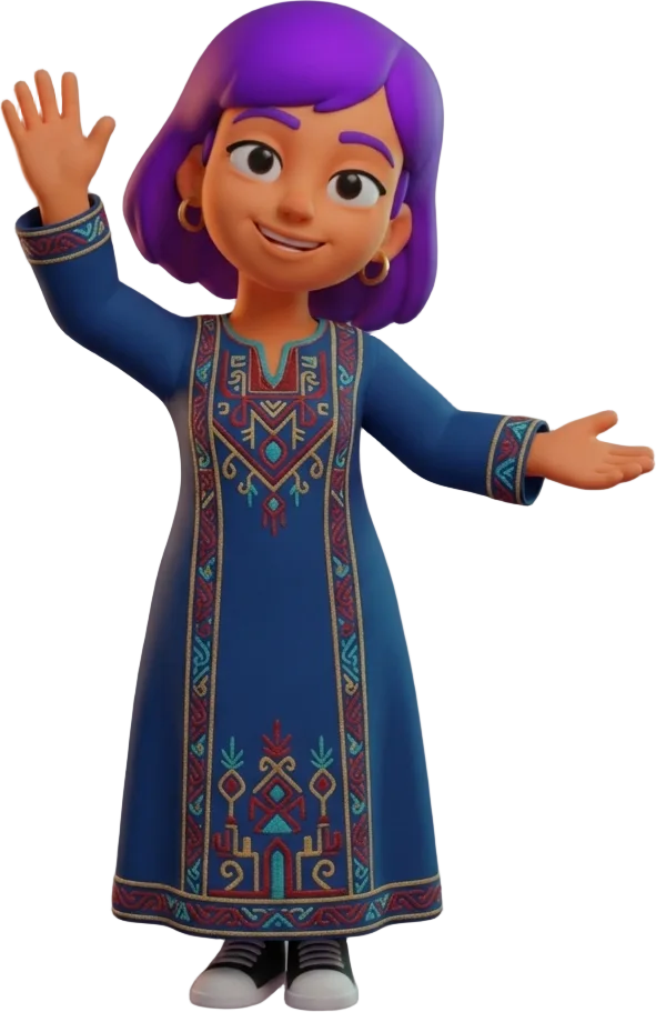 Leila in an embroidered dress, waving