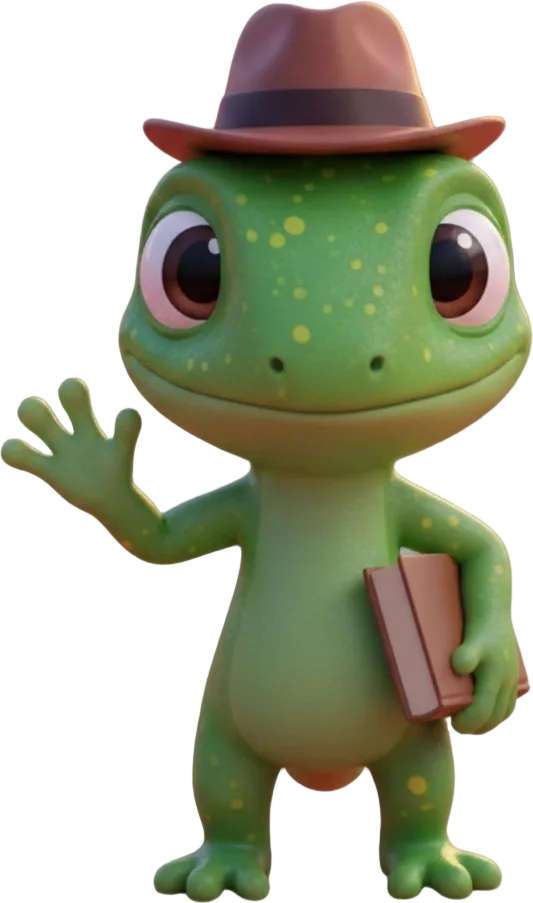 Rawi the lizard holding a book