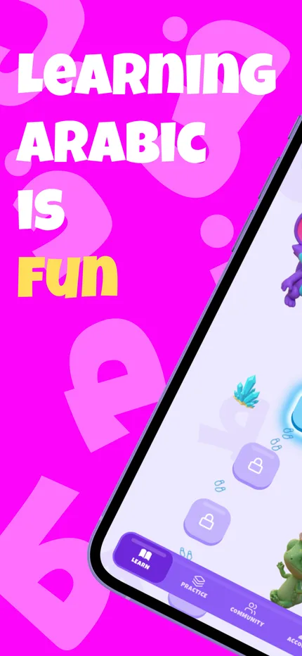 ArabyBuddy App Store screenshot reading “Learning Arabic is fun”, beside a phone showing the lesson trail