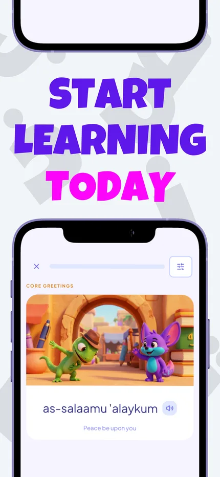 ArabyBuddy App Store screenshot reading “Start learning today”, beside a lesson card teaching as-salāmu ʿalaykum