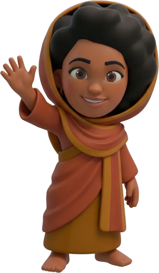 Amira in a toub, waving